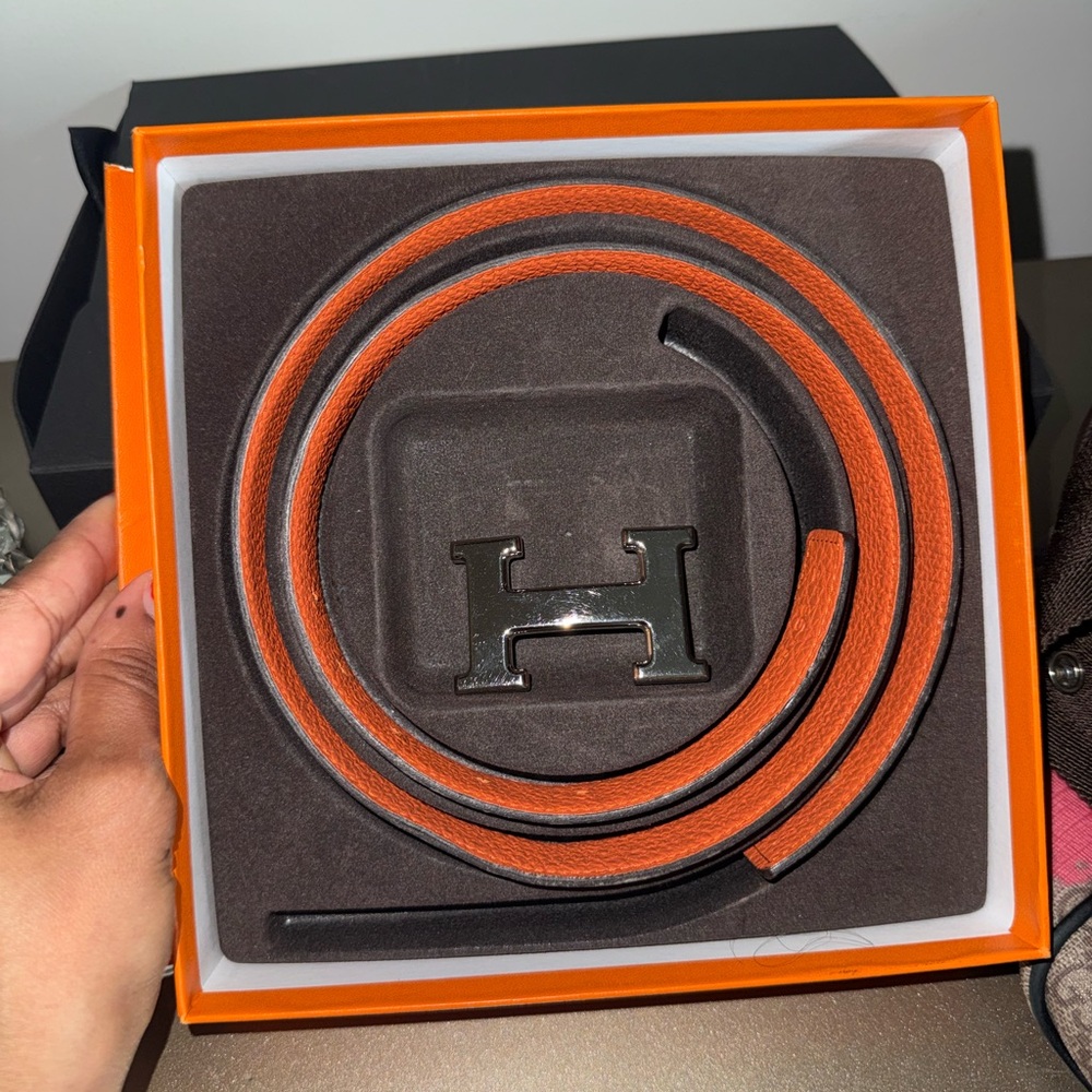 Hermès Reversible Orange/Black Leather Belt with H Buckle 85